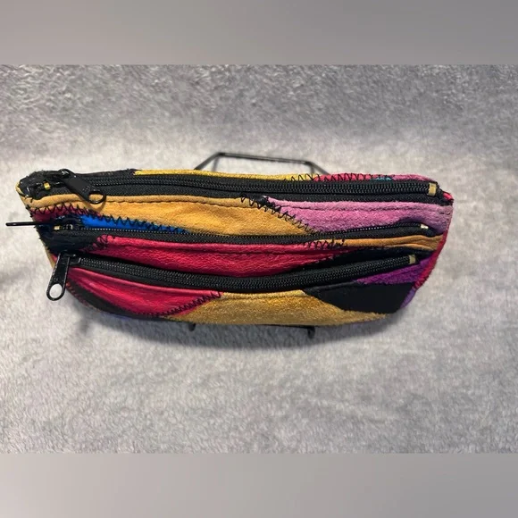 Vtg 80s La Covina Multicolored Recycled Leather Patchwork Shoulder Bag w/ Wallet - Picture 12 of 16